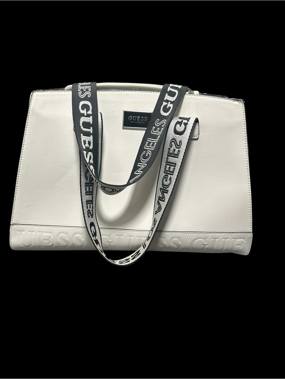 GUESS White Tote with Black Branded Straps